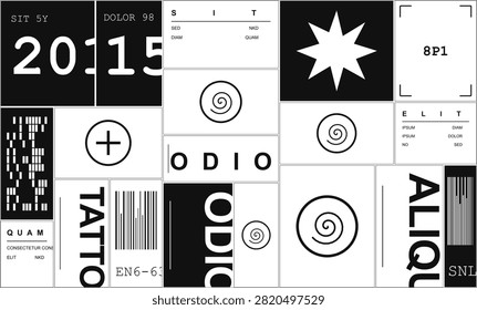 Minimal editorial layout template featuring typography, barcodes, geometric symbols, abstract markers, and modular print design elements for branding, posters, packaging, and publications.