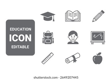 Minimal Education Icon Set in Outline and Silhouette Style with Graduation Cap, Book, Pencil, Student, Blackboard, and Diploma