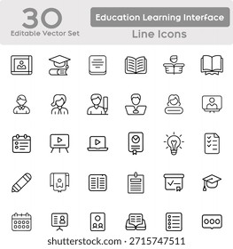 Iconos de interfaz de aprendizaje y educación mínimos establecidos para Web y App UI, con 30 iconos de línea limpios y modernos que representan cursos en línea, aprendizaje digital y Elementos de intercambio de conocimiento. Video Incluye símbolos como gorro de graduación, libros, cuaderno, lección, cuestionario, examen, certificado, diploma, estudiante, profesor, aula, lección, presentación, tutorial, tarea, tarea, horario, calendario, seguimiento de progreso, lista de verificación, idea y conceptos de conocimiento. Diseñado con un peso de carrera constante, tapas de línea redondeadas, negro monocromo sobre fondo blanco. Ideal para plataformas de aprendizaje electrónico, App educativos, paneles de formación, cursos y productos digitales que requieren íconos profesionales, escalables y amigables con el Vector.