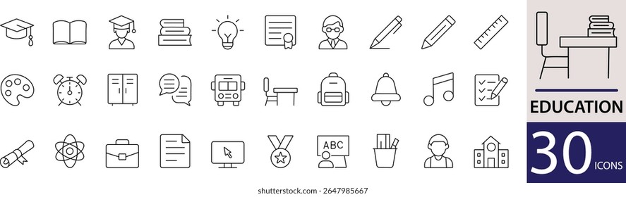 Minimal Education Line Icon Set 30 Clean Outline Designs for School, Online Learning, and Academic Use