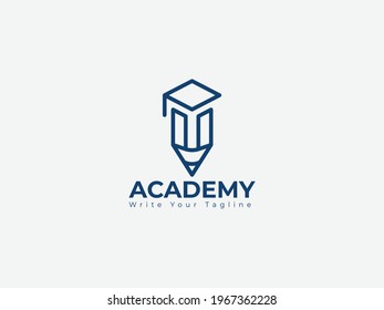 Minimal education logo design template, the concept for academy, graduation. Pen, pencil, and cap iconic concept.