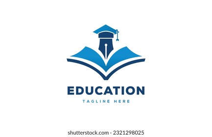 Minimal education logo design template, the concept for academy, graduation. Pen, pencil, book and cap iconic concept.
