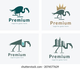 Minimal Egret Logo design set. Egret with King, Juice and real estate egret Logo design.
