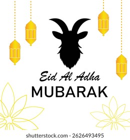 Minimal Eid Al Adha Card with Black Goat Silhouette and Yellow Lanterns on White Background