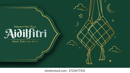 Tarjeta de felicitación mínima de Eid Lul Fitr con arte de línea Ketupat, Luna creciente y elegante diseño islámico verde. Selamat Hari Raya Aidilfitri Traducción: Eid ul Fitr