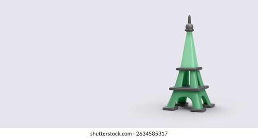 Minimal Eiffel Tower In Green And Gray 3D Style, Standing On Light Background. Ideal For Paris Travel Themes, French Culture, Architecture Icons, Or Tourism Design. Vector Illustration