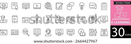 Minimal E-learning Line Icon Set 30 Clean Outline Symbols for Online Education, Courses, and Digital Learning Design