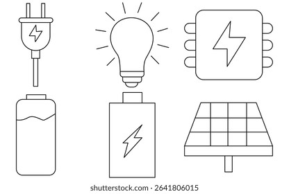 Minimal Electric Power Line Icons – Voltage, Equipment, and Eco-Energy Elements in Outline Design