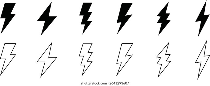 Minimal Electric Thunderbolt Emblems with Bold Strikes and Circular Forms for High Voltage Signs, Alerts, Branding, and Interface Icons