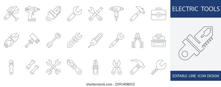 Minimal electric tools stroke icon set featuring power equipment symbols, drill and cutter signs, construction devices, repair tools, and electrical hardware