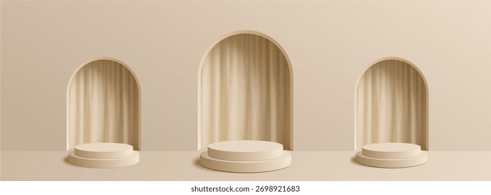 A minimal, elegant background with three beige podiums in arched niches with curtains.