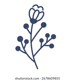 Ilustração botânica mínima e elegante de um ramo de flor com bagas em um estilo de linha simples.