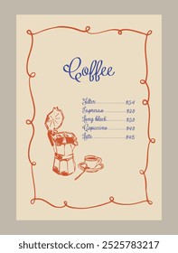 Plantilla de menú de cafetería minimalista y elegante. Vector ilustración de café.