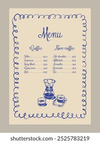 Plantilla de menú de cafetería minimalista y elegante. Vector ilustración de café.