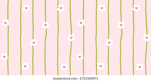 Ilustração de vetor sem emenda floral mínima e elegante com margaridas delicadas, listras sutis e uma estética acolhedora da floresta, ideal para papel de embrulho, tecidos para bebês e decorações festivas