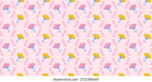 Ilustração de vetor sem emenda floral mínima e elegante com margaridas delicadas, listras sutis e uma estética acolhedora da floresta, ideal para papel de embrulho, tecidos para bebês e decorações festivas