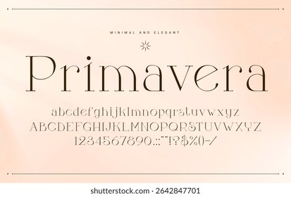Minimal elegant font, glamor type, luxury typeface, royal english alphabet. Elegant alphabet numeral and punctuation symbols, minimal font typeset vector letters and digits or ABC figures and numbers