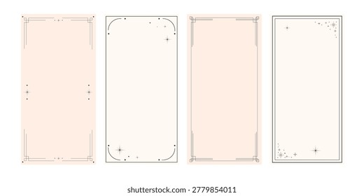 Minimal elegant frame templates featuring thin geometric borders soft beige and white backgrounds sparkle accents and luxury design for invitations greeting cards branding certificates.Vector