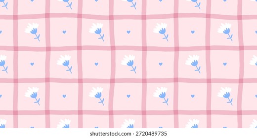 Minimal and elegant plaid-themed seamless vector pattern with delicate chamomile blossoms, subtle checkered textures, and neutral tones, perfect for wallpapers, fabric prints, and spring-inspired designs