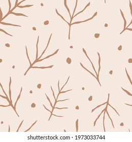 Minimal elegant seamless pattern texture with simple floral drawing, neutral earthy colors. Vector endless background, fabric print, web site, wedding invitations.