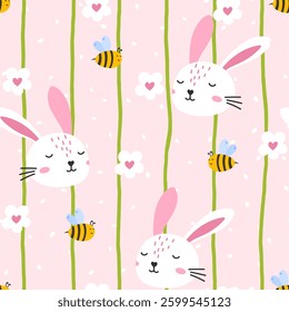 Minimal elegant seamless vector pattern with bunnies, flowers, and bee, blending Scandinavian neutral style with festive spring aesthetic, ideal for baby products, home textiles, Easter celebrations
