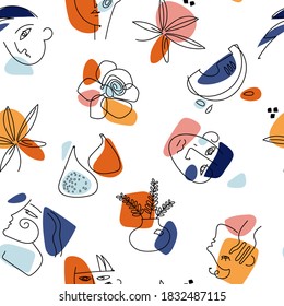  Minimal elegant seamless vector pattern.Abstract backgrounds with drawn minimal shapes and line art faces, fruits, flowers.