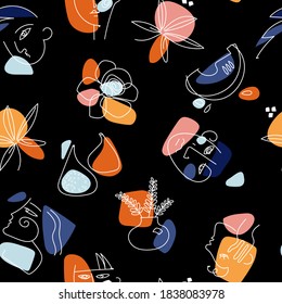Motif vectoriel harmonieux minimaliste et élégant.Arrière-plans abstraits avec des formes minimes dessinées et des faces d'art en ligne, des fruits, des fleurs.