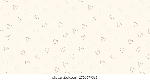 A minimal and elegant Valentine-themed seamless pattern made entirely with small, hand-drawn outline hearts scattered gently across a warm beige background. The soft mix of red, blush, and muted neutral line tones creates a light, airy, and sophisticated look. The simple linear style keeps the design clean and modern, making it suitable for both kids and mature home textile collections.