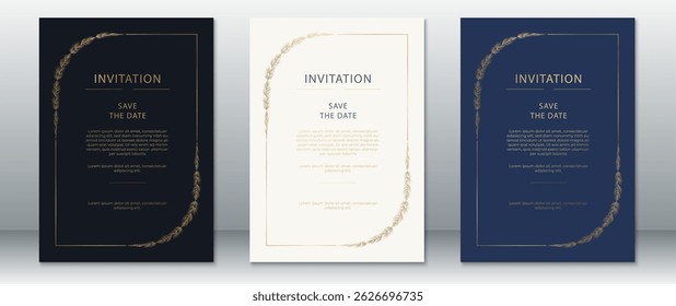 Mínimo Elegante Casamento Convite Set com Quadro de Difusão de Ouro - Preto, Creme e Marinha