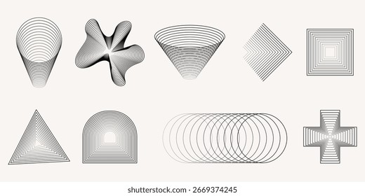 Conjunto de diseño de elemento mínimo. Arte de línea de rayas contemporáneas y forma geométrica sobre fondo blanco. Ilustración vectorial