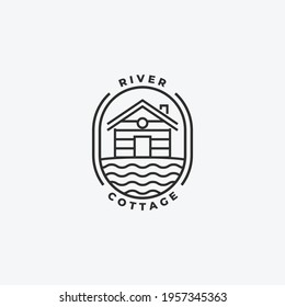 Minimal Emblem Cottage Cabins Logo Line Art Lake River Bay Hut Lodge Vector Illustration Design