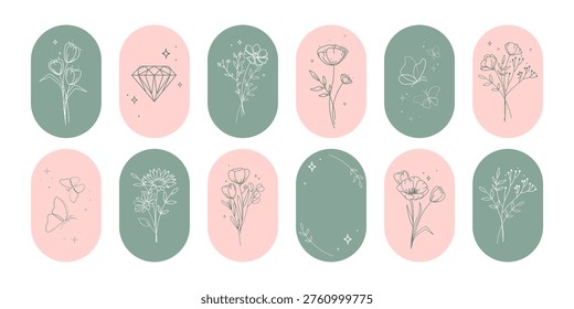 Minimal emblem icon set with hand drawn floral line art in oval frames with flowers leaves butterflies and diamond crystal badges for branding logos social media highlights packaging design.Vector