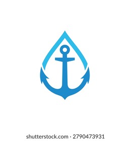 Minimal emblem showing a white anchor inside a blue droplet flame outline. Crisp vector geometry with airy spacing creates a calm nautical mood for branding, signage, and app icons.