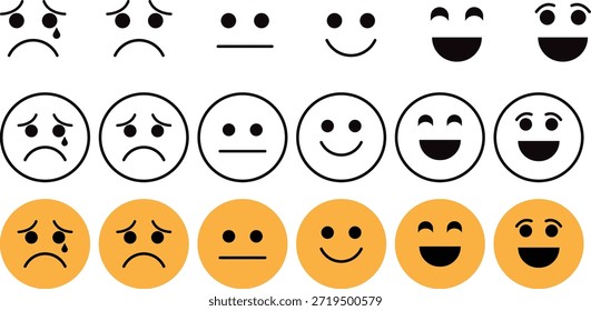 Conjunto de iconos de expresión de cara de emoji mínimo que muestra emociones tristes, neutrales y felices