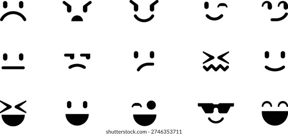 Minimal emoji face icon set for modern interface design. Simple black expressions show happy, sad, angry, and playful moods for chat, apps, and social media graphics. Clean vector style enhances communication.