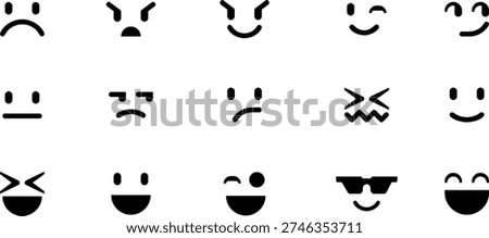 Minimal emoji face icon set for modern interface design. Simple black expressions show happy, sad, angry, and playful moods for chat, apps, and social media graphics. Clean vector style enhances communication.