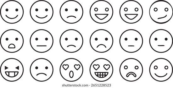 minimal emoji icon set, solid black, simple expression symbols, editable flat faces for communication apps or UI reactions