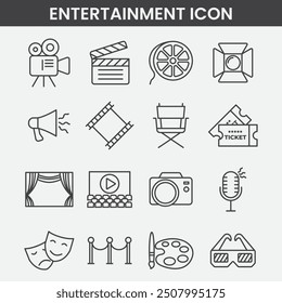 minimal entertainment line icon set Contains such Icons as Movie Theater, TV, Popcorn, Video Clip, and more etc.	