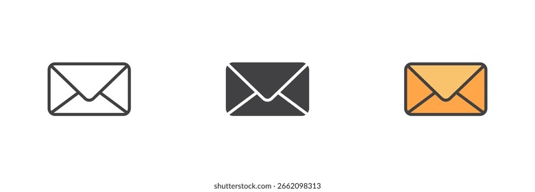 Icono de correo de sobre mínimo en tres estilos diferentes ? línea, contorno relleno sólido y colorido. Icono clásico del Vector del email, muestra y paquete del símbolo de la comunicación.
