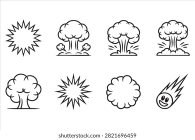 Minimal Explosion and Blast Line Icon Set Featuring Mushroom Cloud and Comic Bursts