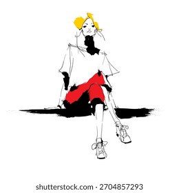 Minimal, expressive vector sketch of a stylish woman sitting in a relaxed pose. Bold brush accents and modern fashion illustration style.