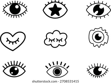 Minimal eye doodle pack created with expressive black-line variations.