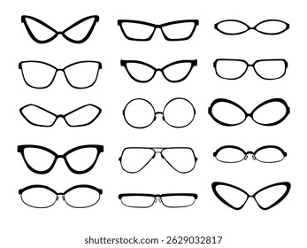 Minimal Eyeglasses Frame Icon Set. A collection of 15 eyeglasses frame icons in clean silhouette style featuring cat eye oval rectangle and round designs. Perfect for stylish accessory visuals