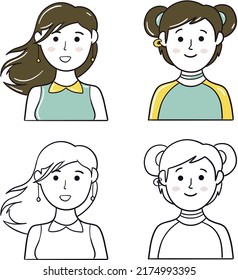 Minimal Face Girl. Simple female character face or profile in outline and saturated color.