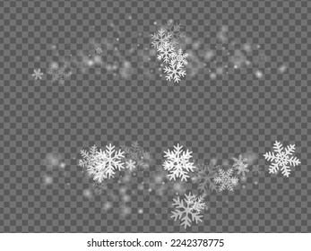 Fondo mínimo de copos de nieve cayendo. La tormenta de nieve muestra elementos cristalinos. Composición transparente del cielo blanco de la nieve. Pequeños copos de nieve vectorial de año nuevo. Paisaje de la estación fría de nieve.