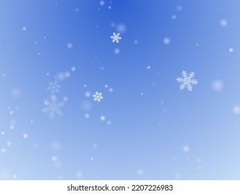 Minimal falling snowflakes background. Winter dust ice particles. Snowfall sky white blue composition. Blurred snowflakes february texture. Snow hurricane landscape.