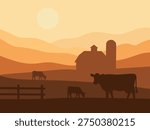 Minimal farm landscape with cows, barn, hills, and sunset gradient. Perfect for agriculture themes, rural design, background, and educational visuals.