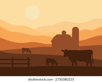 Minimal farm landscape with cows, barn, hills, and sunset gradient. Perfect for agriculture themes, rural design, background, and educational visuals.