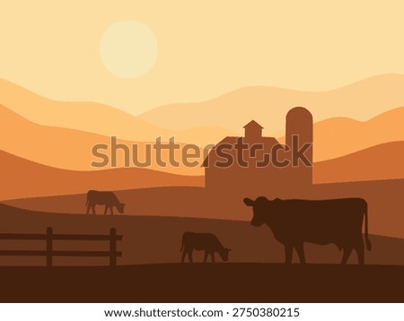 Minimal farm landscape with cows, barn, hills, and sunset gradient. Perfect for agriculture themes, rural design, background, and educational visuals.