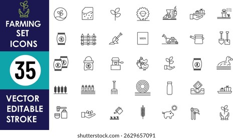 A minimal farming icon set featuring 35 editable vector stroke icons including tractors, seeds, tools, plants, irrigation, milk, fences, livestock, and crops